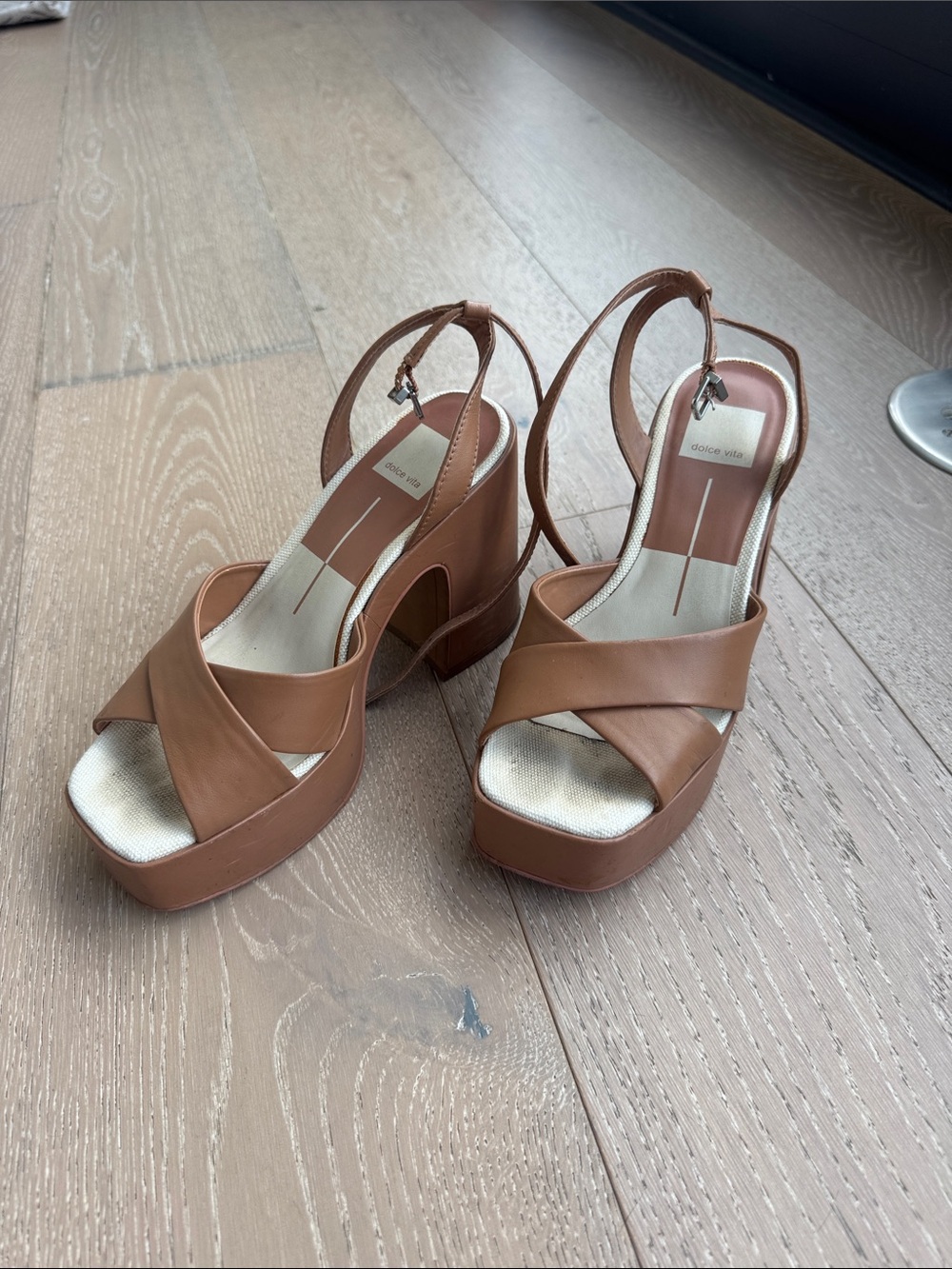Dolce Vita Cognac Leather Platform Slingback Heels